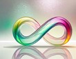 A colorful three-dimensional infinity sign, on a light glass background with floating glitter. Infinity, autism, 3D