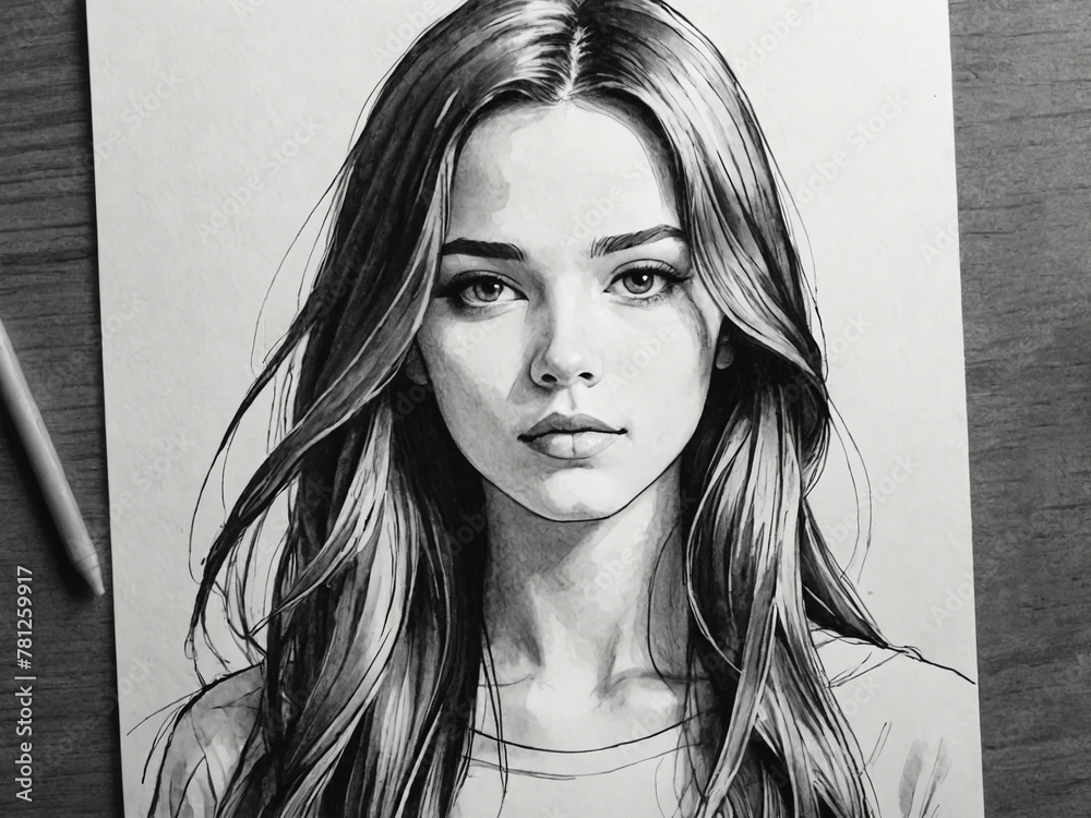 Black and white ink sketch of a beautiful woman with long hair. Stock ...