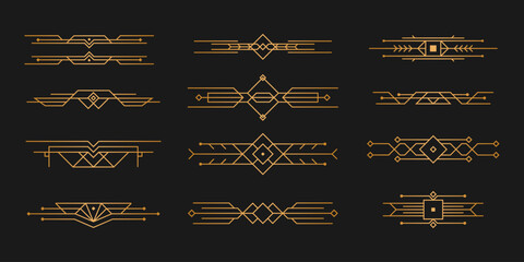 Set of Art deco black calligraphy page dividers. Patterns, ornaments in art deco style. 1920s vintage gold dividers, retro header graphic elements, flourishes vignettes decoration for design. Vector.