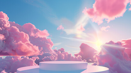 Wall Mural - 3d podium, round white platform on a background of pink clouds and a blue sky with sun rays, backgro
