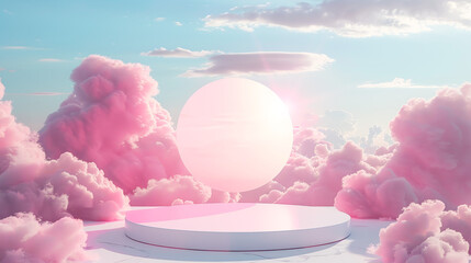 Wall Mural - 3d podium, round white platform on a background of pink clouds and a blue sky with sun rays, backgro