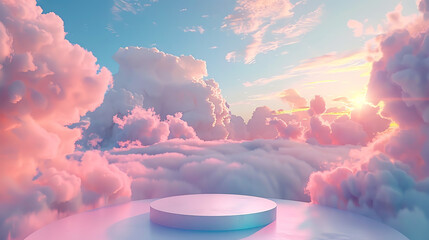 Wall Mural - 3d podium, round white platform on a background of pink clouds and a blue sky with sun rays, backgro