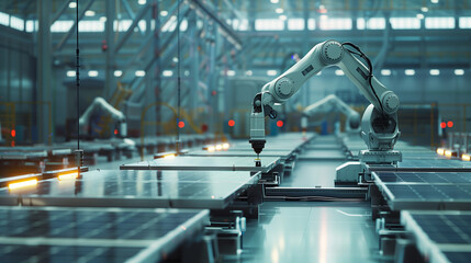 Poster - Factory with robots working on conveyor belts The robot is working on a blue object.