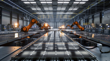 Poster - Factory with robots working on conveyor belts The robot is yellow and is working on a blue object.