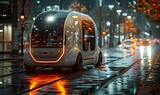 Fototapeta Londyn - A futuristic electric delivery minivan with a fully autonomous system to navigate city streets