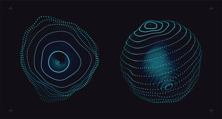 Poster - Spheres of Dots Particles. Atom Orb Technology Abstract Design Elements. Collection Of Minimalistic Geometric Design Sci-Fi Elements. Futuristic VR Digital Vector Illustration.