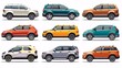 © ckybe - Contemporary fleet of cars with different body styles, including compact, hatchback, sedan, SUV, and minivan. Isolated icons on a white background.