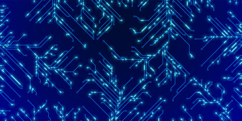 Fototapete - Abstract CPU Computer Microchip Technology Circuit Board Background. Digital Data Transfer through Tech Lines. Motherboard Digital GPU Chip Blue Banner. Cyber Vector Illustration.