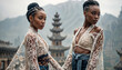 Two beautiful girls posing in China. Generative AI