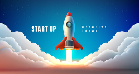 Rocket space startup, creative idea cover, landing page web site, Vector illustration 