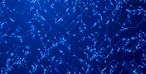 Fototapete - Abstract CPU Computer Microchip Technology Circuit Board Background. Digital Data Transfer through Tech Lines. Motherboard Digital GPU Chip Blue Banner. Cyber Vector Illustration.