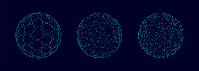 Aufkleber - Circle Lines on 3D Spheres. Global Digital Connections. 3D Wireframe Sphere Symbols Illustration. Abstract 3D Design. Technology Science Style Vector Background.