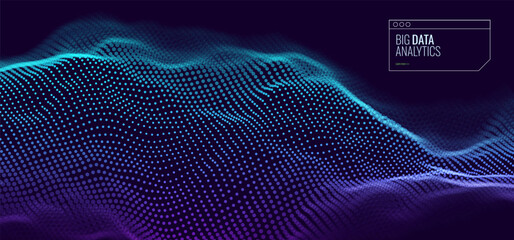 Poster - Abstract Digital Waves of Particles. Futuristic Blockchain Technology Wave. Big Data Visualization. 3D Virtual Space VR Cyberspace. Crypto Currency Concept. Vector Illustration.