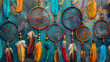 Colorful Native American dreamcatchers with vibrant feathers