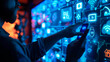 Man interacting with a high-tech control panel, signifies smart technology and futuristic control systems. Banner. Copy space