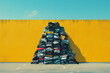 Overproduction and fast fashion concept - high pile of clothes in front of yellow wall