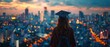 Dreamy 8K backdrop of a cityscape with a graduated woman in focus, her attire a symbol of academic success and the pursuit of passion , 8K , high-resolution, ultra HD,up32K HD