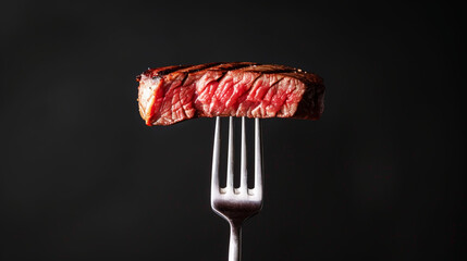 Wall Mural - Fork with slices of beef steak medium rare, black clean background. Aesthetic restaurant concept. Generative AI