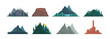 Various mountains many illustrations. Set of elements of mountain nature silhouette. Nature landscape, volcano, hilltops, iceberg, mountain range, mound. Outdoor travel, adventure, tourism.
