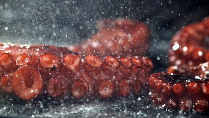 Canvas Print - Super slow motion Fried octopus tentacles. High quality FullHD footage