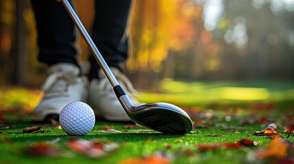 Player swinging golf club to hit golf ball on course