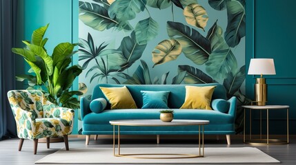 Wall Mural - Contemporary living space featuring a teal couch, tropical leaf-patterned wallpaper, and a cozy rug