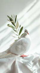 Wall Mural - White dove with olive tree branch on white aesthetic background with strong shadows. Peace concept. Generative AI