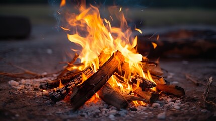 Wall Mural - a warm and relaxing campfire with detailed texture of the wood and flames, inviting a sense of adven