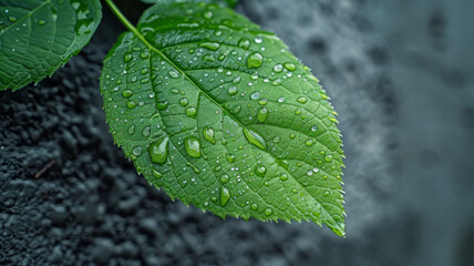 Wall Mural - A green leaf with water droplets.