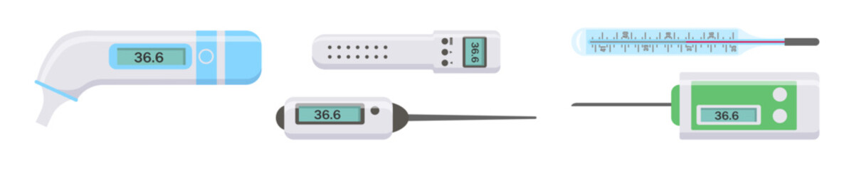 Electronic thermometers, infrared, liquid, measuring body temperature, food, environment. Set of medical thermometers for hospital during coronavirus. Health and diseases concept. Vector illustration.