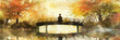Watercolor painting depicting a person standing on a bridge overlooking a river, with the cityscape in the background