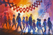 A line of featureless people walking in silhouette under a stylized DNA helix in a burst of colorful backdrop