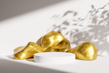 Poster - 3D rendering of white circular podium near golden rocks in studio