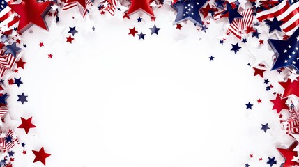 Festive composition with miniature American flags among confetti stars on a white background