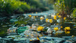 A river, with plastic bottles floating amidst water lilies as the background, during a community river cleanup initiative