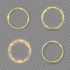 Wall Mural - gold wedding rings with glowing lights and gold sparkles on transparent background. golden metal rin