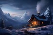 A cozy cabin in the mountains is illuminated by a warm light inside, casting a shadow on the snow outside. The sky is dark and filled with stars.
