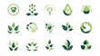 An artistic collection of green leaf and plant icons symbolizing various aspects of sustainability and nature conservation