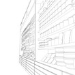 Outline Supermarket store interior with goods. Contour Grocery supermarket and store with shelves and products. Vector illustration.