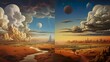 A captivating fantasy art depicting two different states of landscape under a sky crowned by planets and whimsical clouds