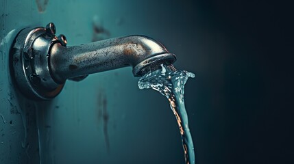 The contrast of a rustic, aged tap against a cool blue background highlights the water stream for a vintage feel