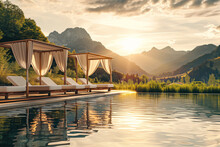 Sunset Summer Landscape With Infinity Pool Overlooking The Green Mountains.
