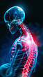 Abstract blue x-ray photograph of back and neck pain, pain glows red. Trauma concept. Medical checkup. Generative AI