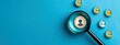 © MdBaki - Closeup of magnifying glass with target and person icons on blue background, symbolizing horizon for potential new customer or employee.