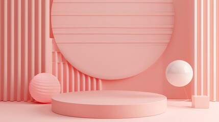 Poster - This abstract 3D composition features a pastel pink podium backdrop with a geometric 3D cube.
