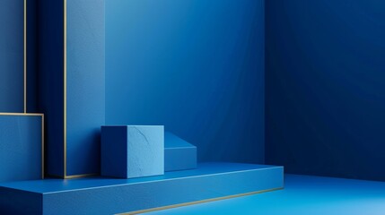 Poster - An abstract 3D composition featuring a corporate blue podium backdrop and a geometric 3D cube for a product display.