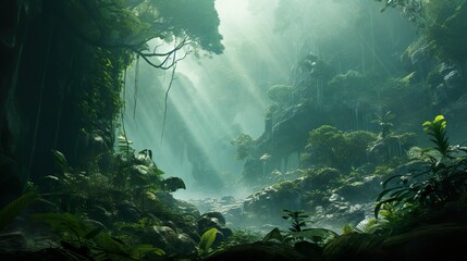 Wall Mural - Captivating view of an ancient rainforest, with light rays peering through the dense foliage