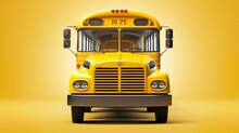 A Detailed, Straight-on View Of A Vintage Yellow School Bus Against A Warm Yellow Background, Presenting A Feeling Of Nostalgia