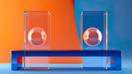 Wall Mural - Two spheres encased in transparent, geometric stands, set against a dual orange and blue gradient background