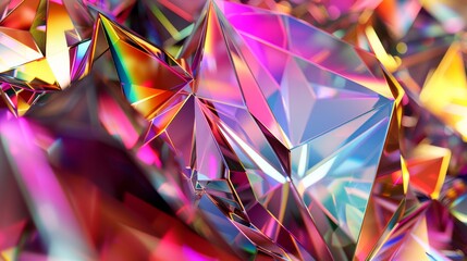 Poster - Crystal background with abstract geometric shapes and iridescent textures, with faceted gems.